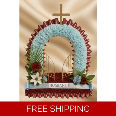 Burgundy and Blue Gates of Heaven Funeral Tribute